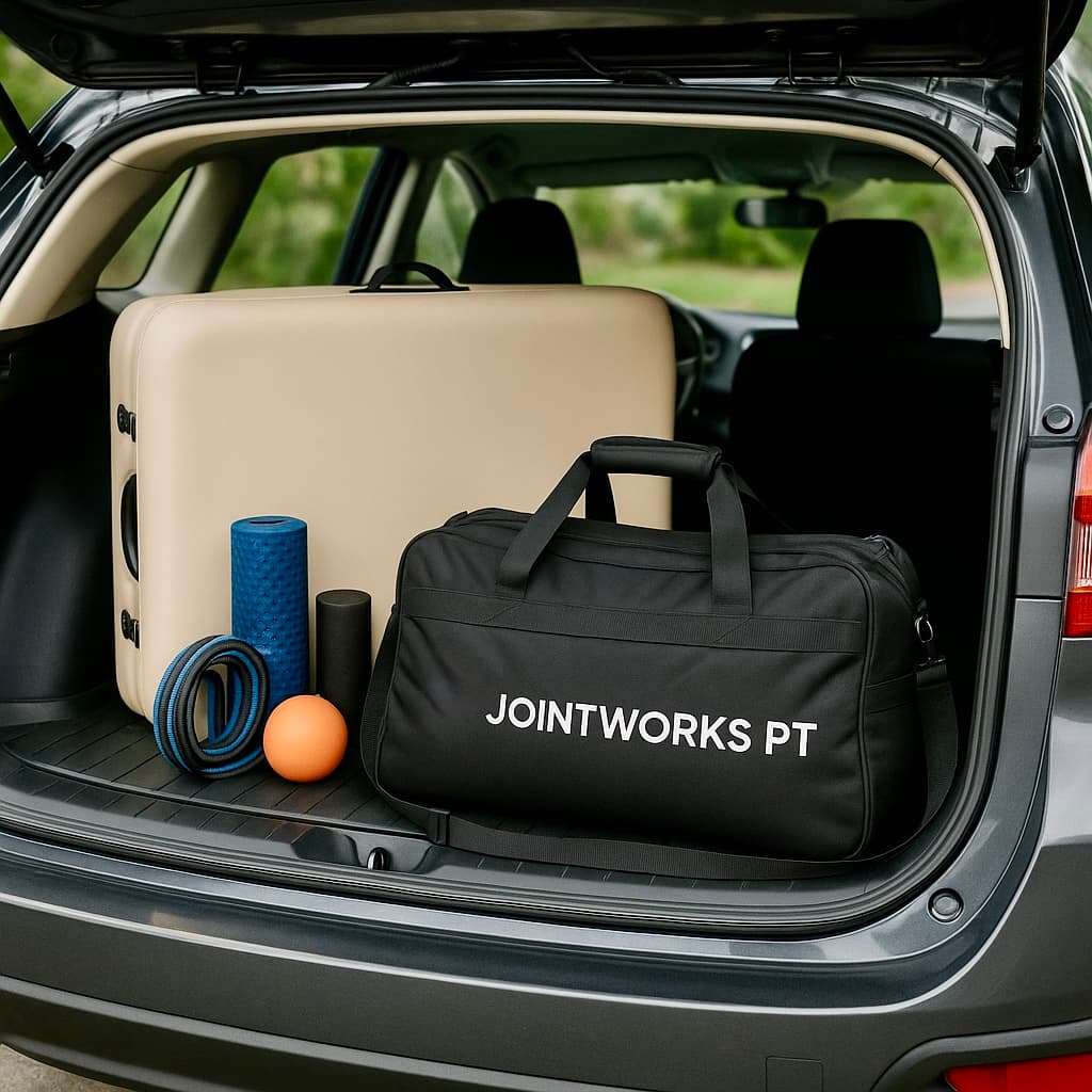 In-home physical therapy equipment in car trunk showing portable treatment table and therapy tools
